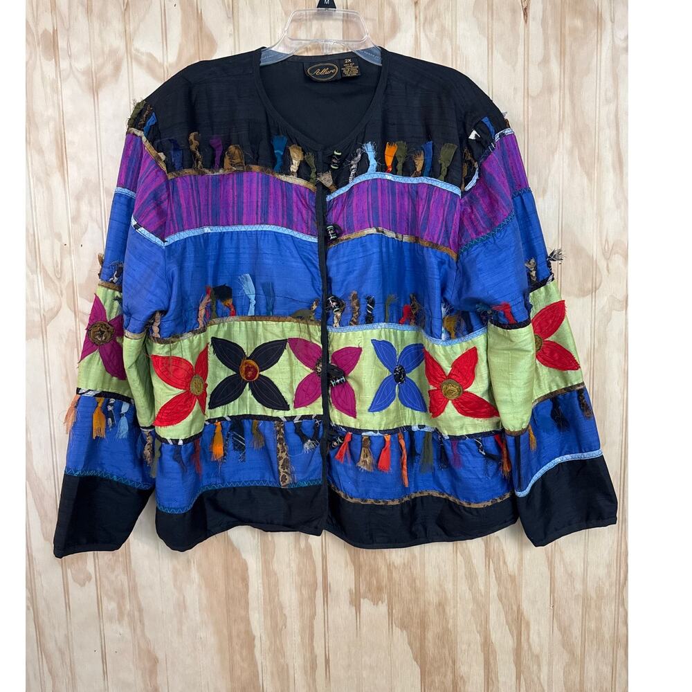 Allure Vintage Rare Unique Silk Jacket Frayed Ribbon Accents Detail Size 2X